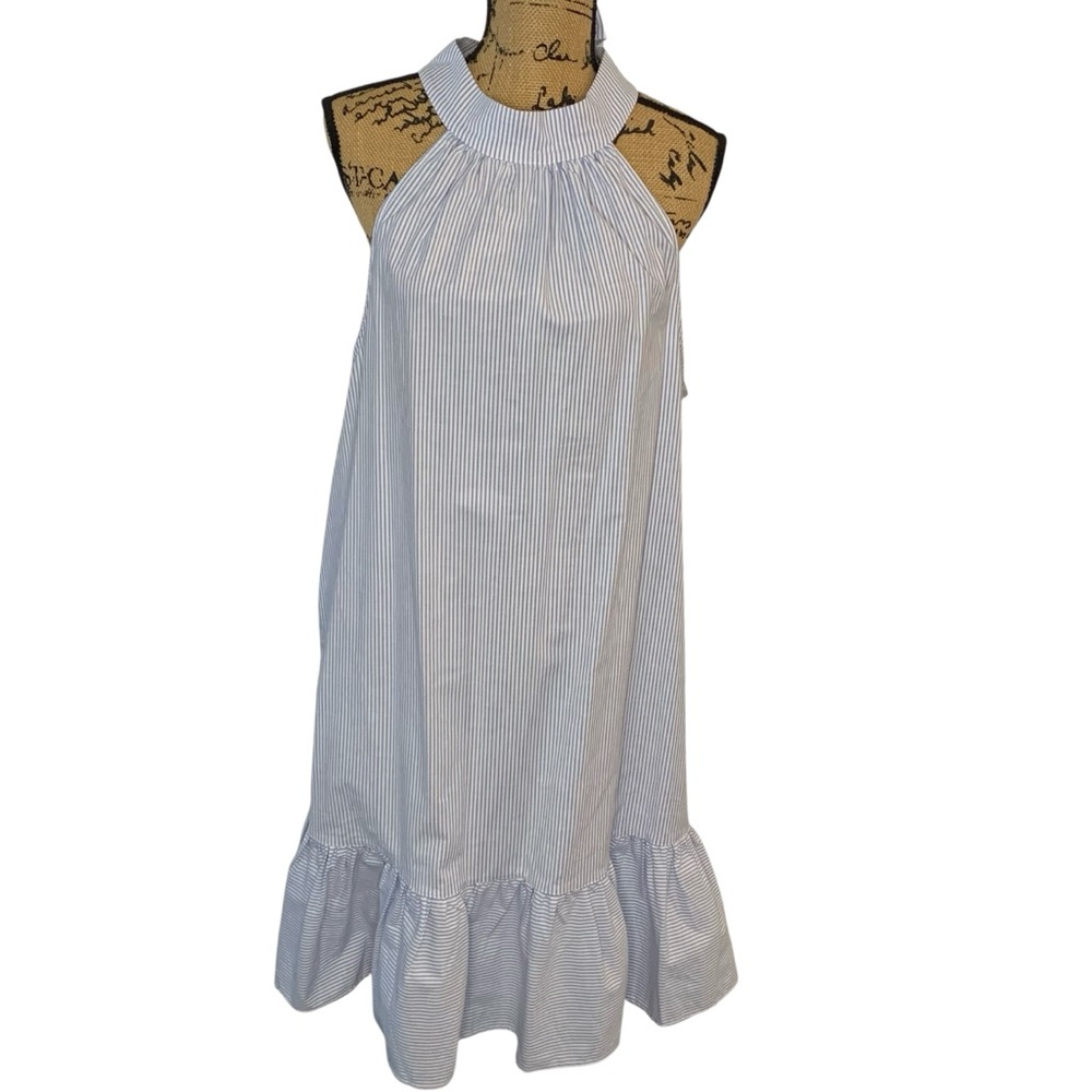 NY&C Cotton Ruffle Back Bow Sleeveless Light Blue and White Striped Dress NWT
